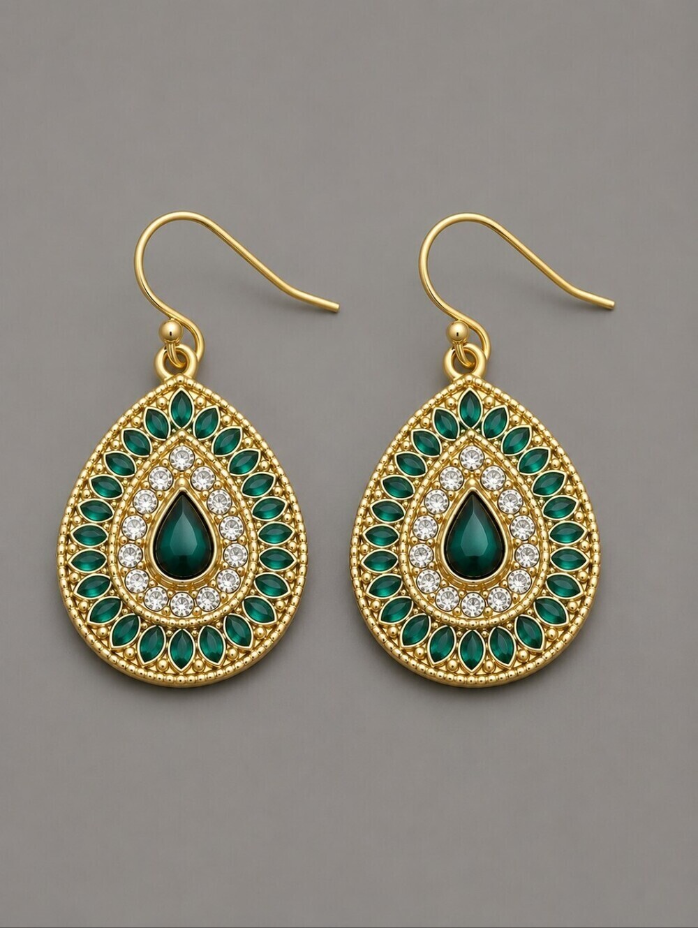 3/$30 Emerald Rhinestone Byzatine Teardrop Dangle Hook Earrings